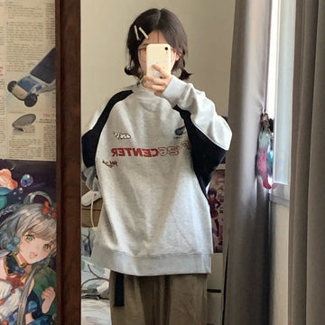 Getadme-Vintage Gray Oversized Sweatshirts Women Harajuku Hip Hop Patchwork Long Sleeve Hoodies Loose Retro Y2K Tops Streetwear